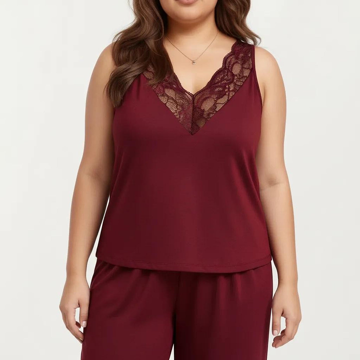 Plus Size 2-Piece Set Lace Trim Camisole Top and Pants Matching Lounge Set Sleeveless V Neck