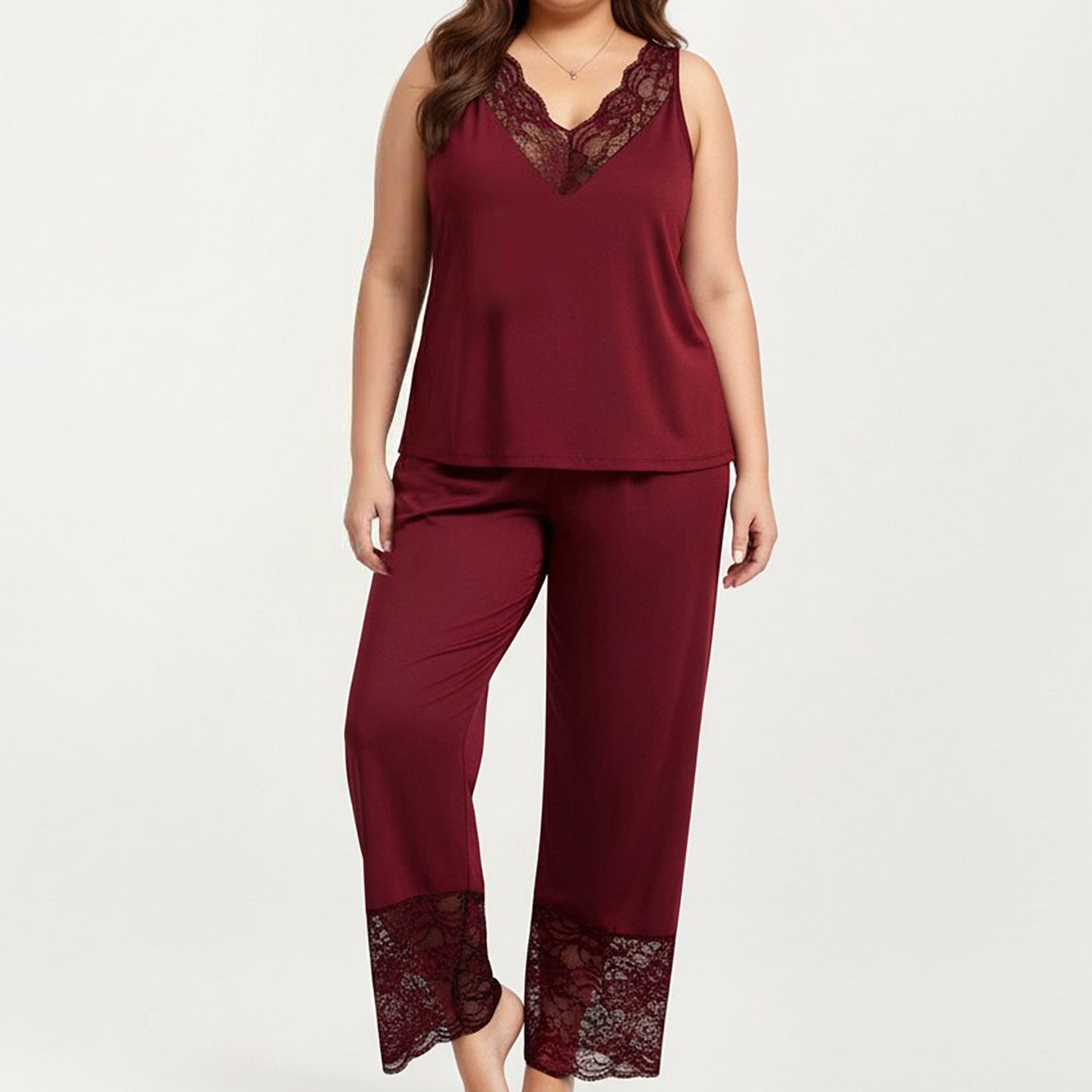 Plus Size 2-Piece Set Lace Trim Camisole Top and Pants Matching Lounge Set Sleeveless V Neck