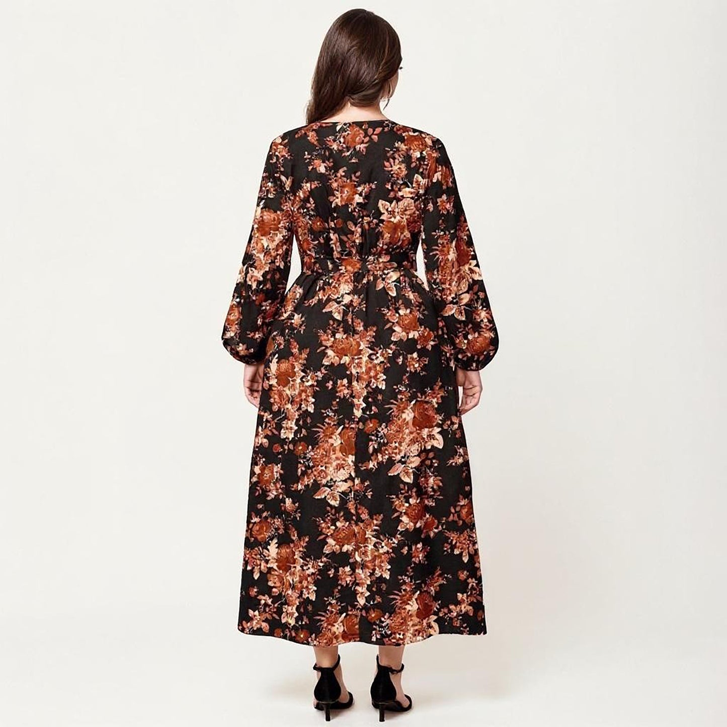 Plus Size Long Sleeve Floral Maxi Dress with V Neck Wrap Front Waist Tie Flowy Skirt