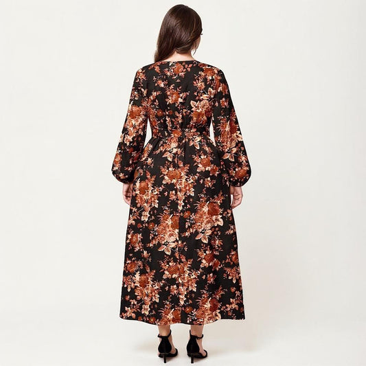 Plus Size Long Sleeve Floral Maxi Dress with V Neck Wrap Front Waist Tie Flowy Skirt