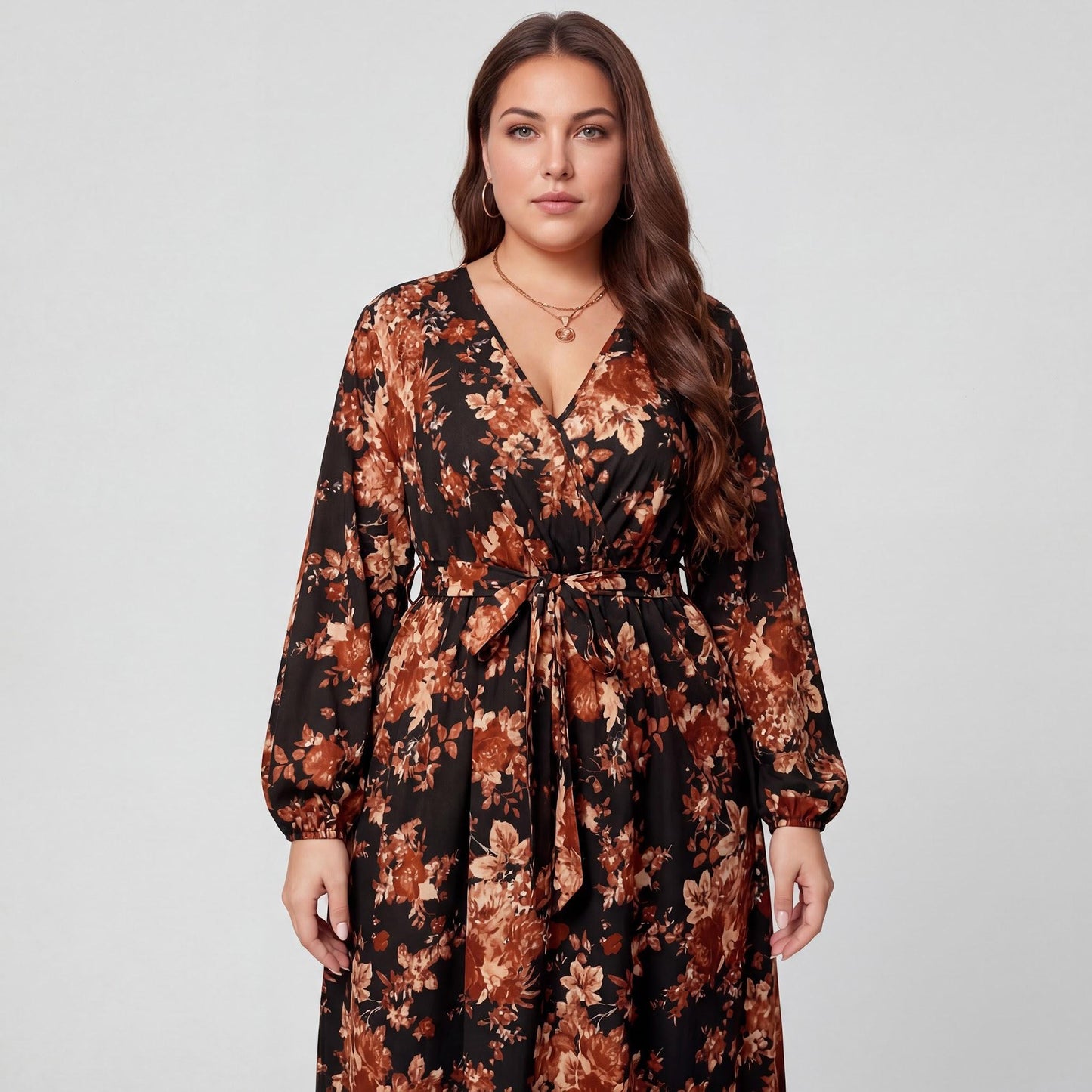Plus Size Long Sleeve Floral Maxi Dress with V Neck Wrap Front Waist Tie Flowy Skirt