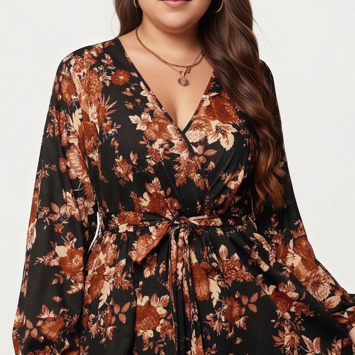 Plus Size Long Sleeve Floral Maxi Dress with V Neck Wrap Front Waist Tie Flowy Skirt