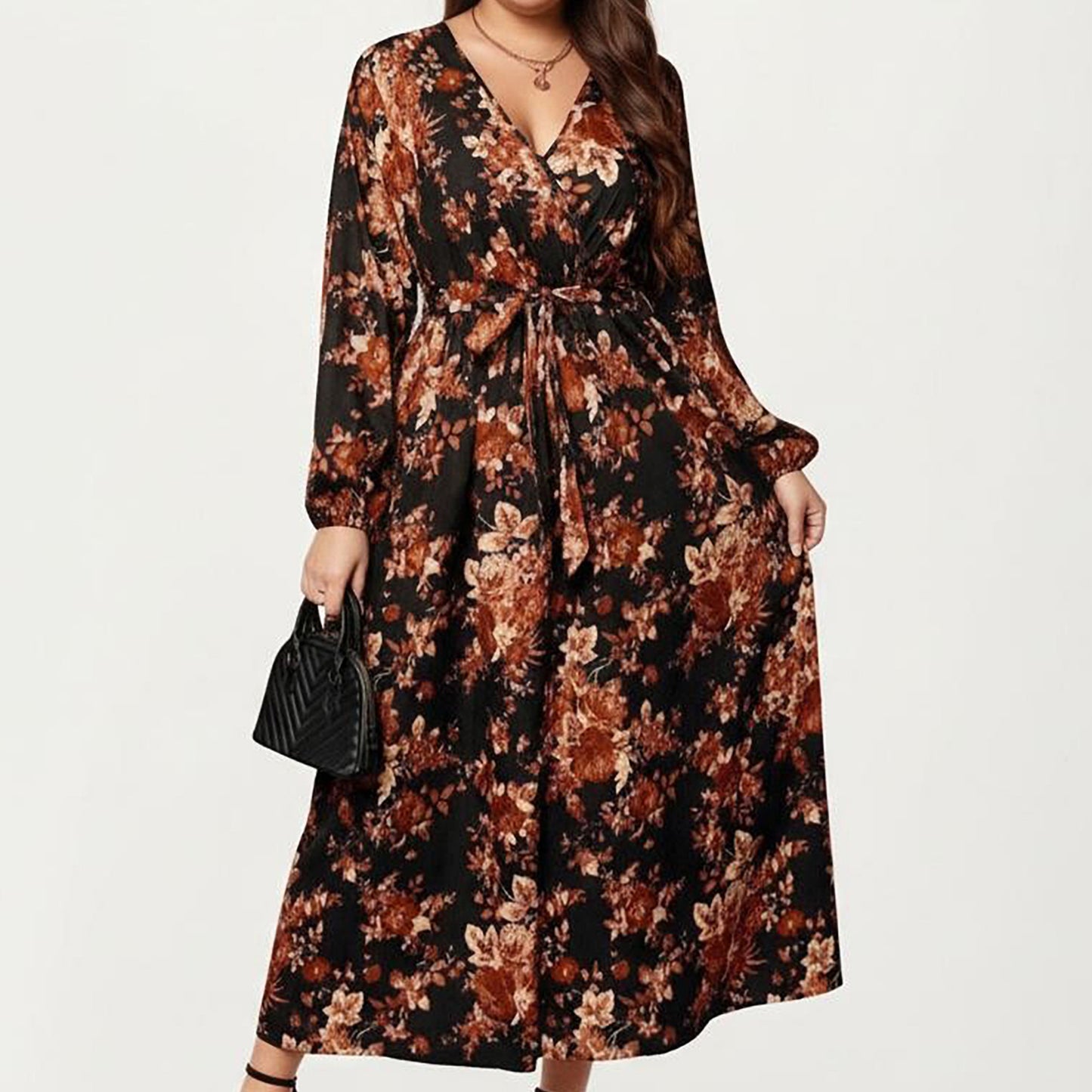 Plus Size Long Sleeve Floral Maxi Dress with V Neck Wrap Front Waist Tie Flowy Skirt