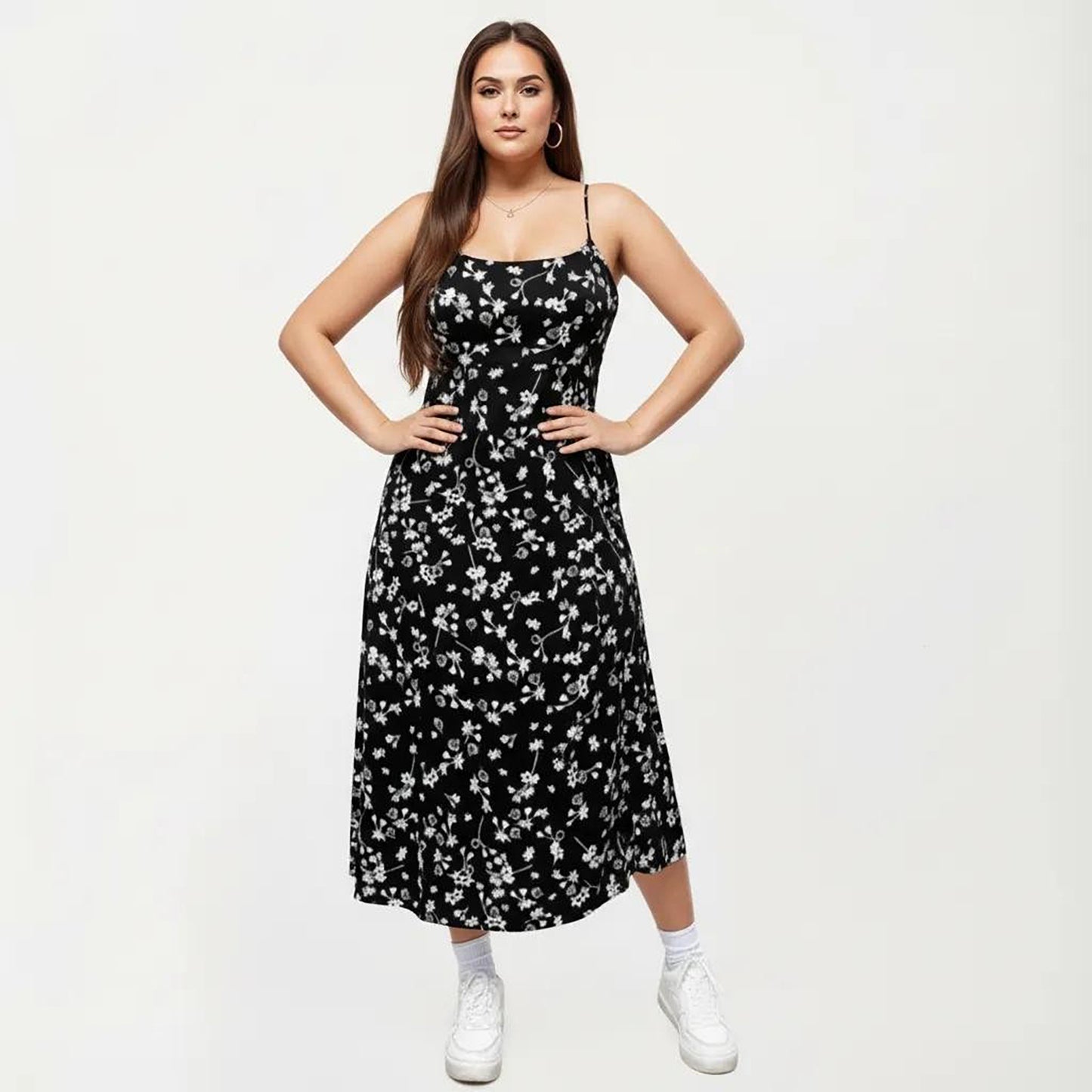 Plus Size Floral Print Midi Dress with Spaghetti Straps Square Neck Fitted Bodice Skirt