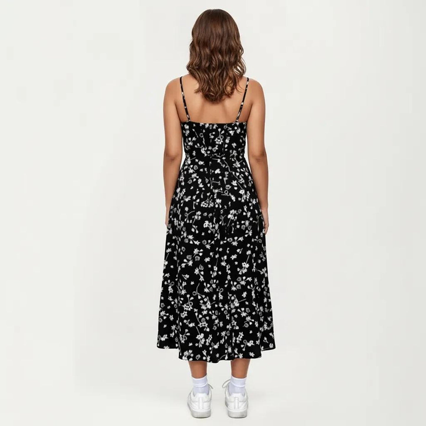Plus Size Floral Print Midi Dress with Spaghetti Straps Square Neck Fitted Bodice Skirt