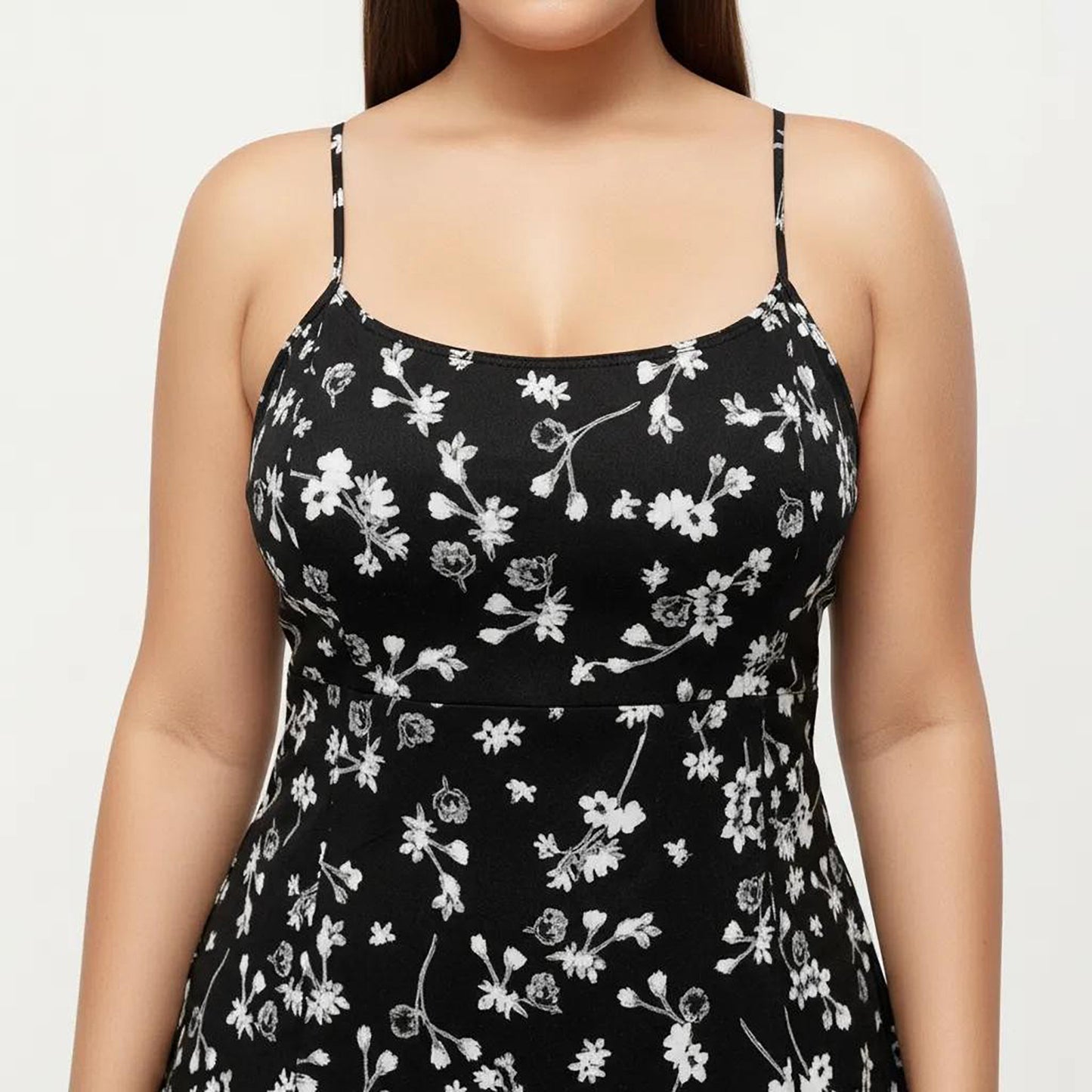 Plus Size Floral Print Midi Dress with Spaghetti Straps Square Neck Fitted Bodice Skirt