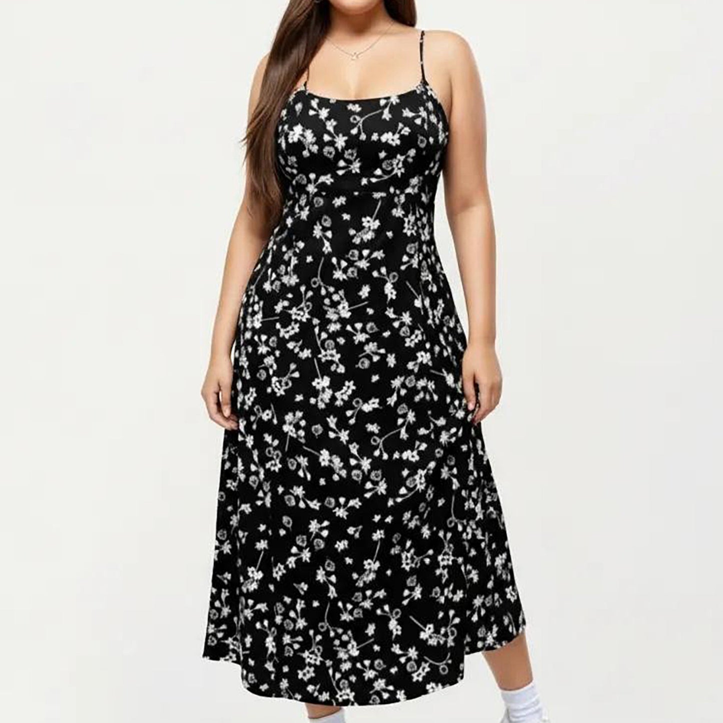 Plus Size Floral Print Midi Dress with Spaghetti Straps Square Neck Fitted Bodice Skirt