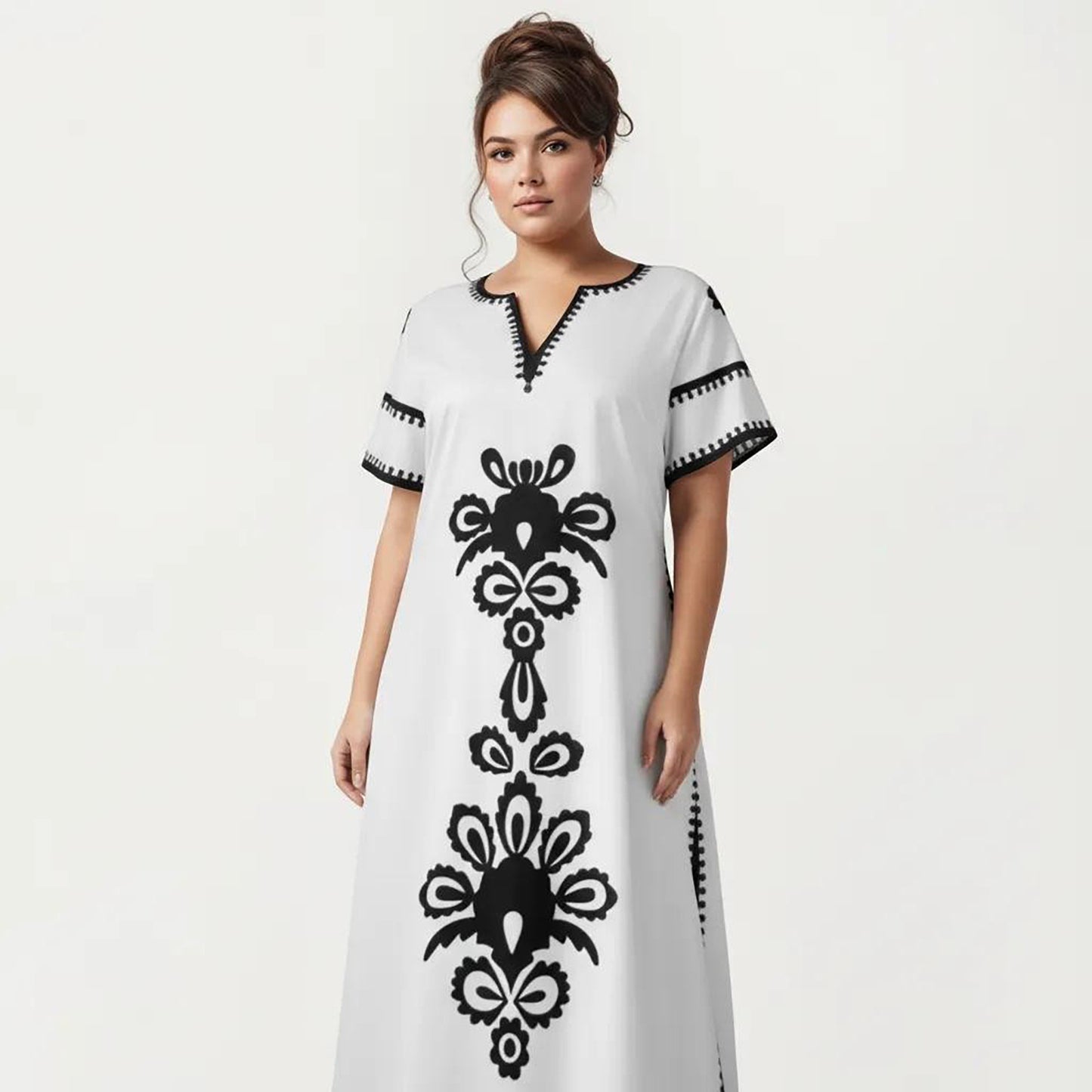 Plus Size Short Sleeve Maxi Dress with V Neck Contrast Embroidery Detail A Line Silhouette