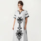 Plus Size Short Sleeve Maxi Dress with V Neck Contrast Embroidery Detail A Line Silhouette