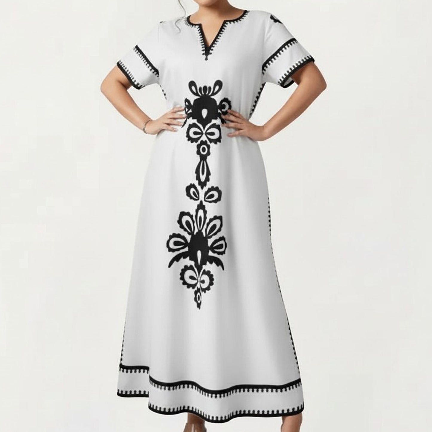 Plus Size Short Sleeve Maxi Dress with V Neck Contrast Embroidery Detail A Line Silhouette