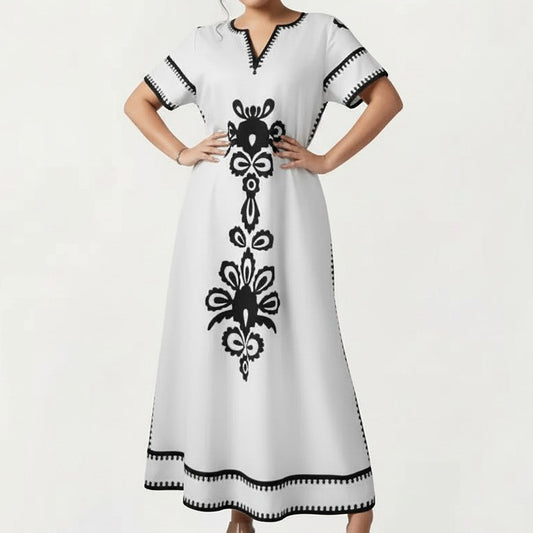 Plus Size Short Sleeve Maxi Dress with V Neck Contrast Embroidery Detail A Line Silhouette