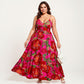 Plus Size Floral Print Maxi Dress with Spaghetti Straps V Neck Fitted Bodice Flowy Skirt