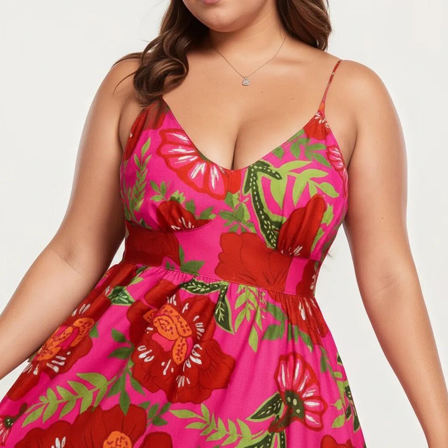 Plus Size Floral Print Maxi Dress with Spaghetti Straps V Neck Fitted Bodice Flowy Skirt