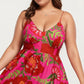 Plus Size Floral Print Maxi Dress with Spaghetti Straps V Neck Fitted Bodice Flowy Skirt