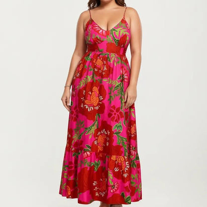 Plus Size Floral Print Maxi Dress with Spaghetti Straps V Neck Fitted Bodice Flowy Skirt