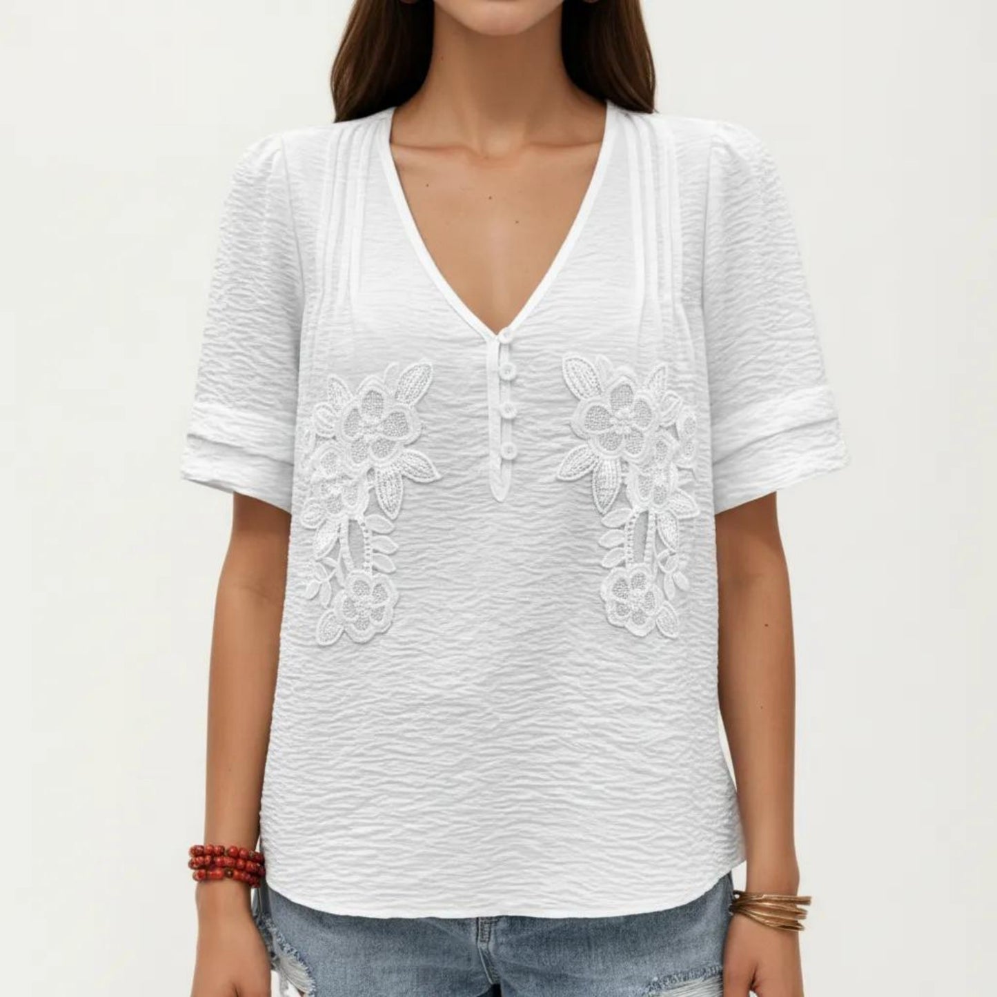 Short Sleeve Blouse with V Neck Button Front Floral Embroidery Textured Casual Top