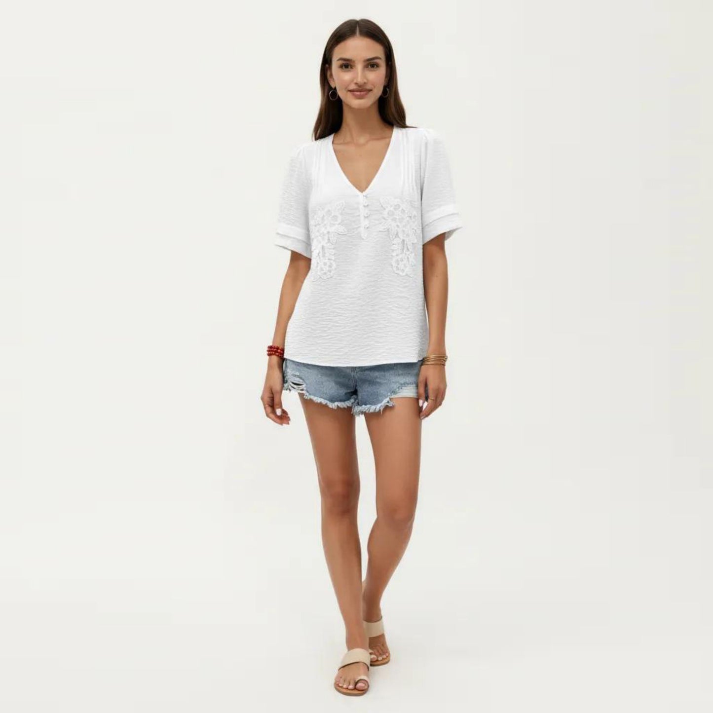 Short Sleeve Blouse with V Neck Button Front Floral Embroidery Textured Casual Top