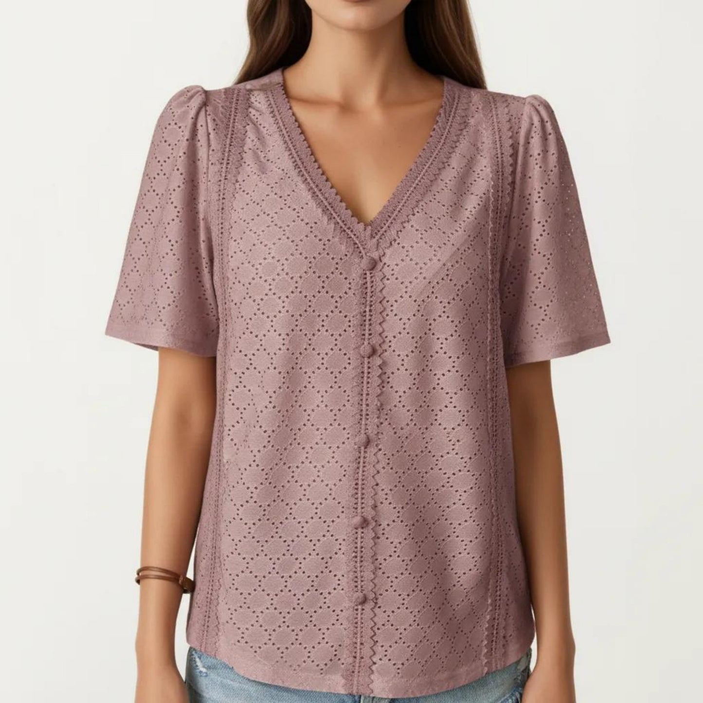 Short Sleeve Eyelet Blouse with V Neck Button Front Lace Trim Textured Shirt Top