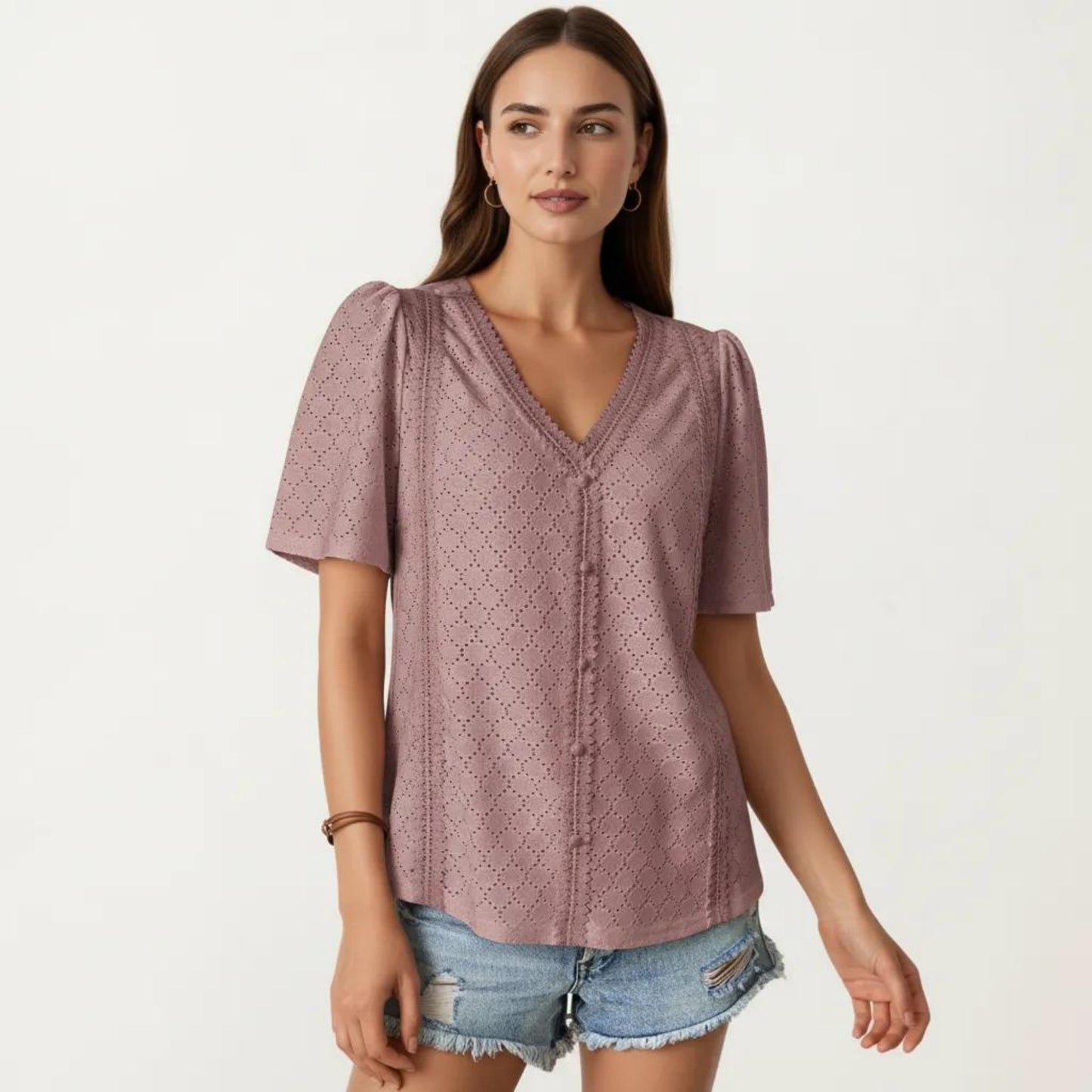 Short Sleeve Eyelet Blouse with V Neck Button Front Lace Trim Textured Shirt Top
