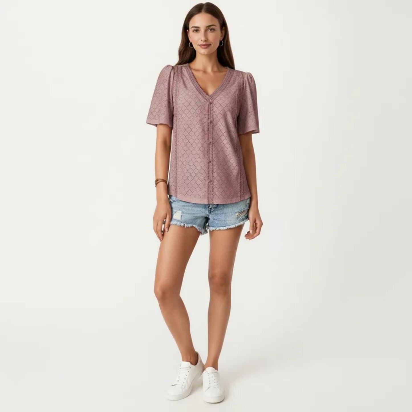 Short Sleeve Eyelet Blouse with V Neck Button Front Lace Trim Textured Shirt Top