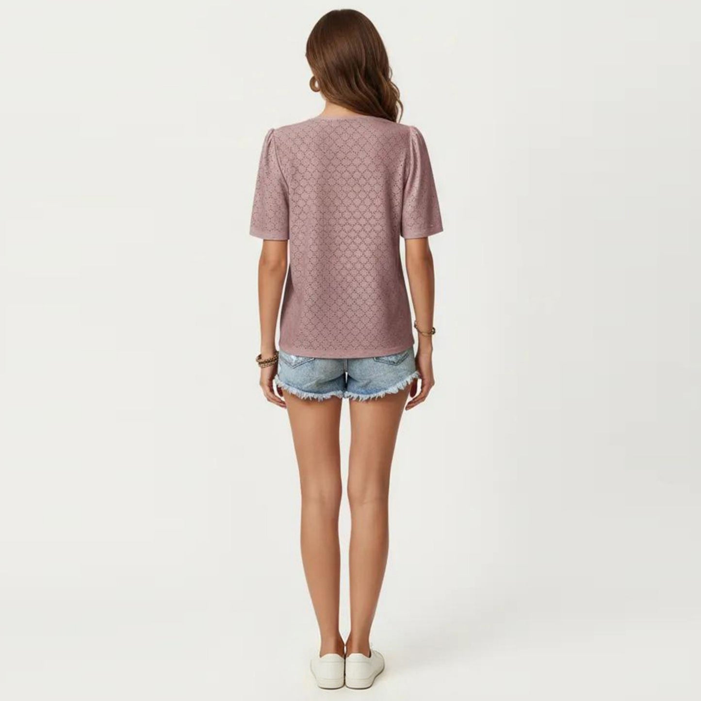 Short Sleeve Eyelet Blouse with V Neck Button Front Lace Trim Textured Shirt Top