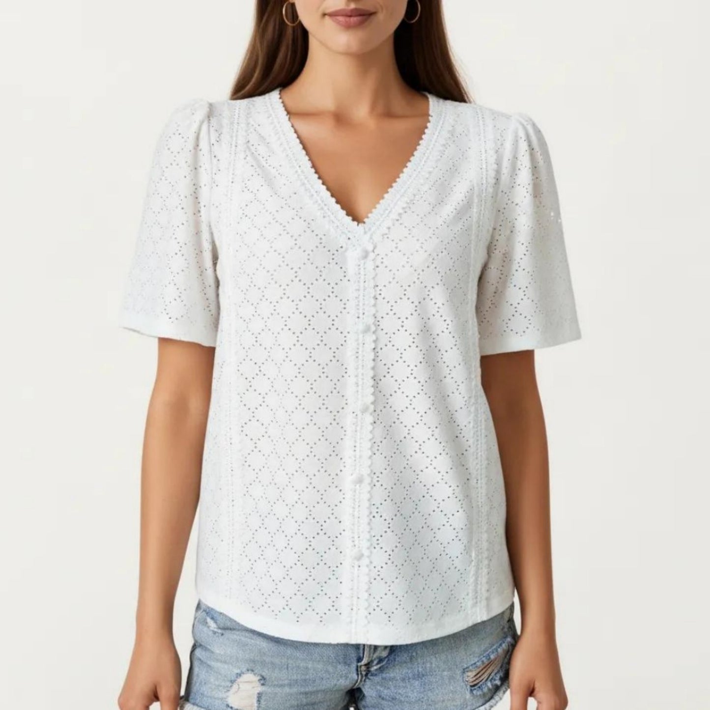 Short Sleeve Eyelet Blouse with V Neck Button Front Lace Trim Textured Shirt Top