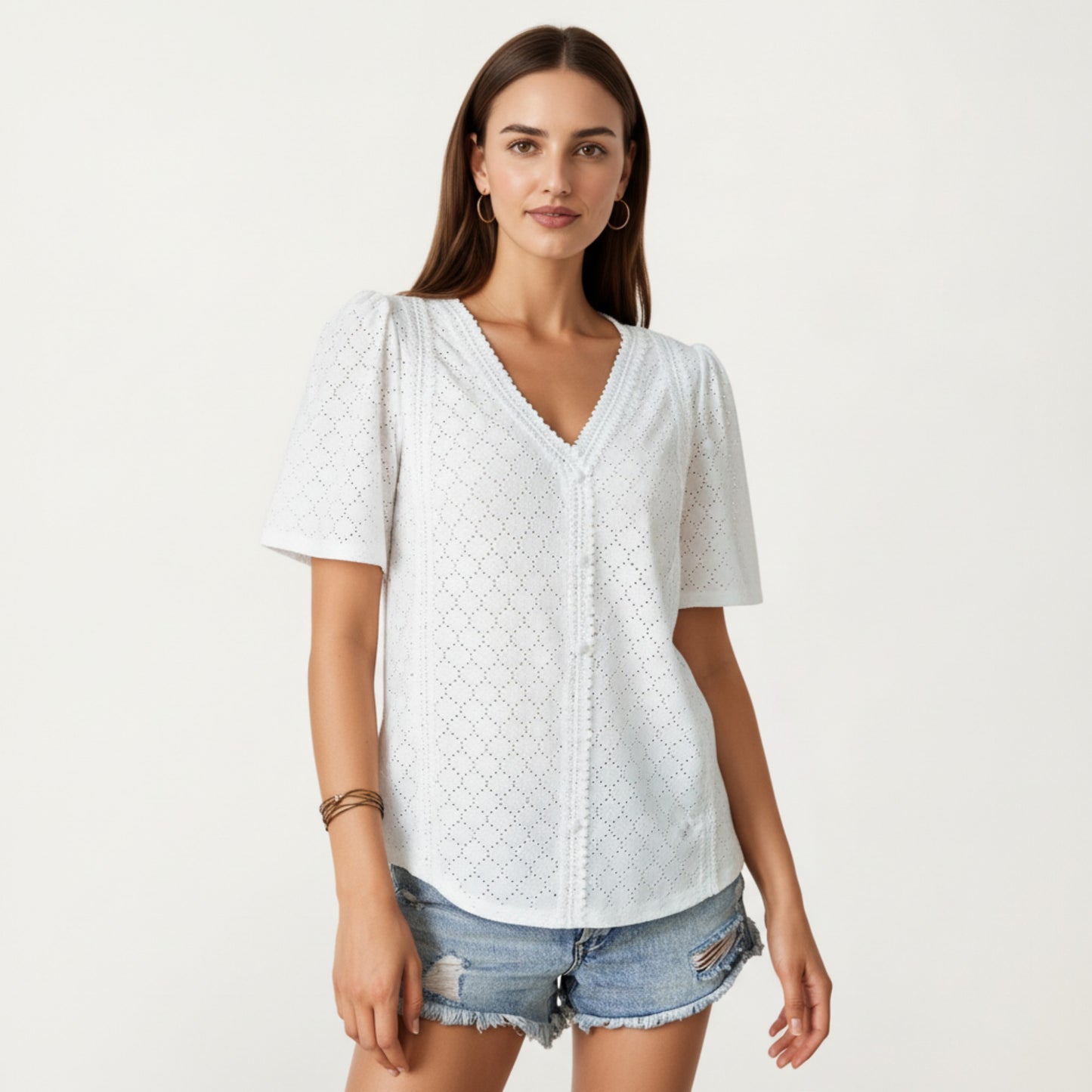 Short Sleeve Eyelet Blouse with V Neck Button Front Lace Trim Textured Shirt Top