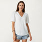 Short Sleeve Eyelet Blouse with V Neck Button Front Lace Trim Textured Shirt Top