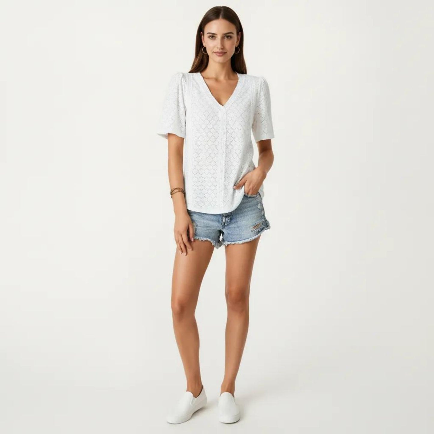 Short Sleeve Eyelet Blouse with V Neck Button Front Lace Trim Textured Shirt Top