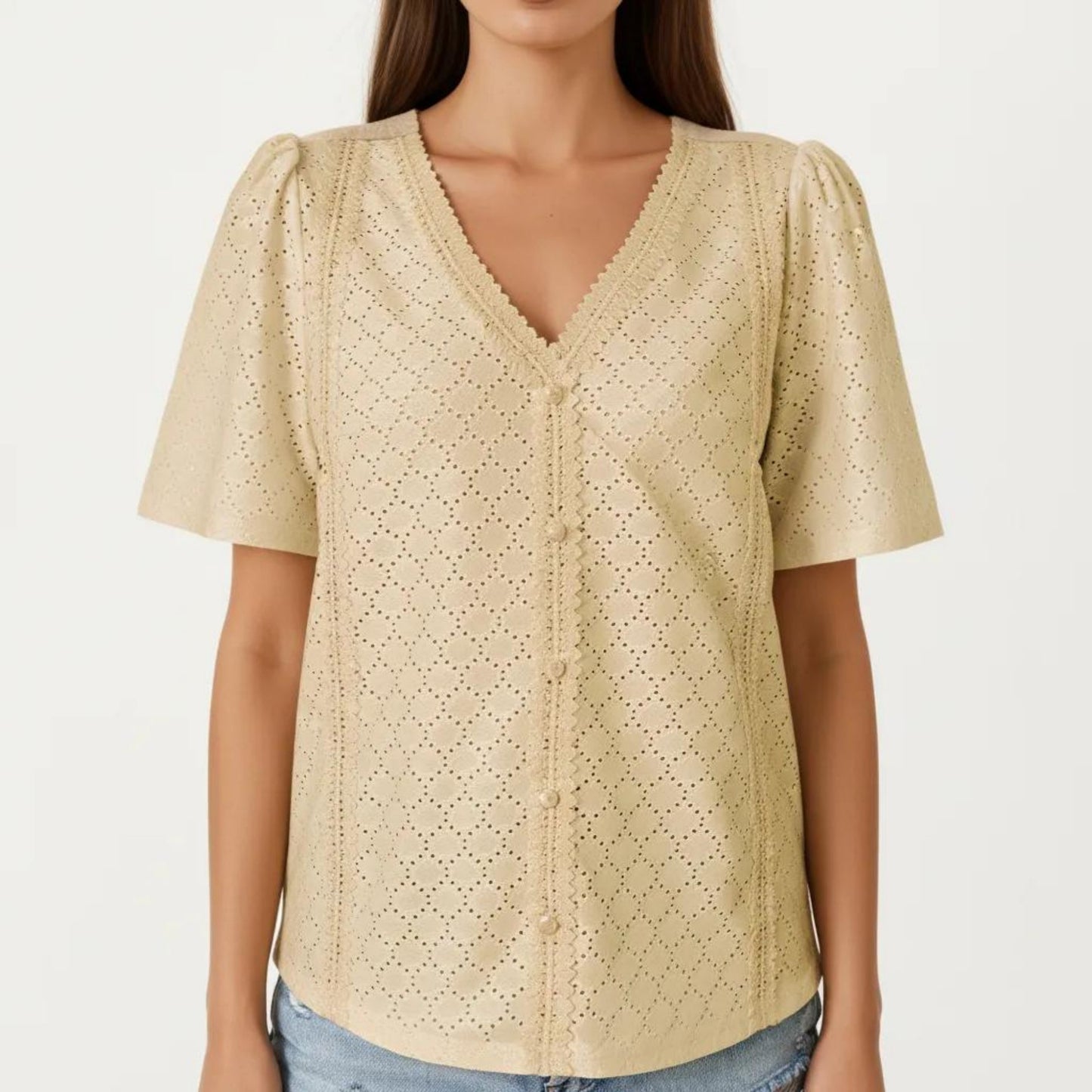 Short Sleeve Eyelet Blouse with V Neck Button Front Lace Trim Textured Shirt Top