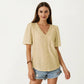 Short Sleeve Eyelet Blouse with V Neck Button Front Lace Trim Textured Shirt Top
