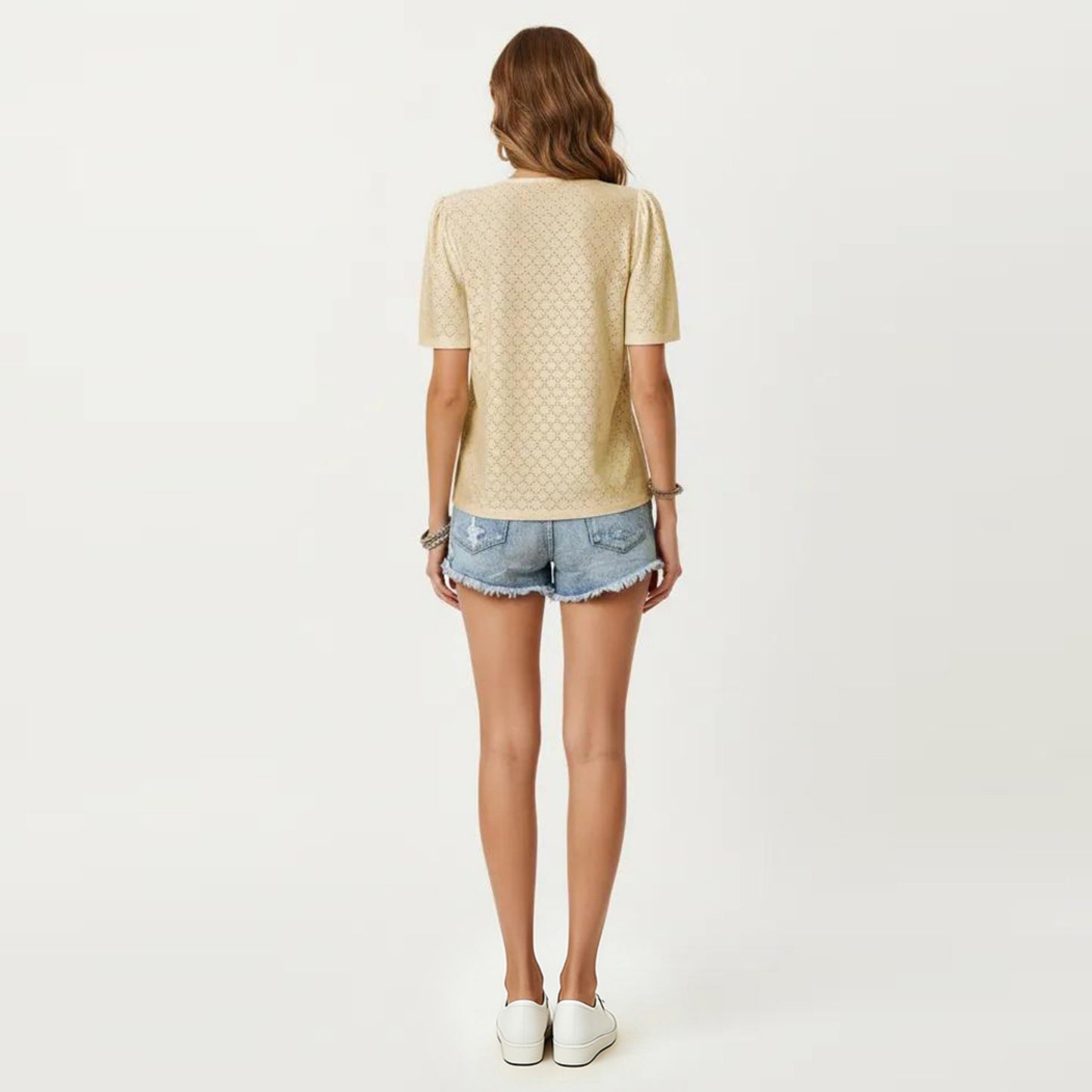 Short Sleeve Eyelet Blouse with V Neck Button Front Lace Trim Textured Shirt Top