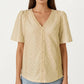 Short Sleeve Eyelet Blouse with V Neck Button Front Lace Trim Textured Shirt Top