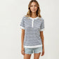 Short Sleeve Knit Top with Button Front Crew Neck Striped Textured Sweater Tee