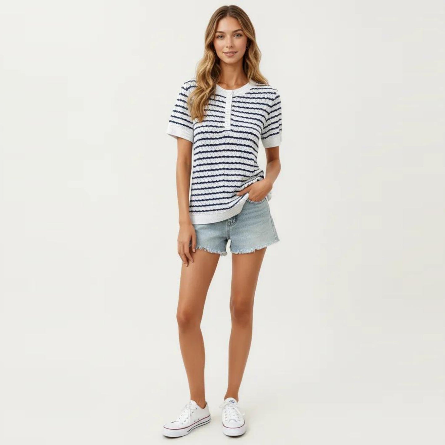 Short Sleeve Knit Top with Button Front Crew Neck Striped Textured Sweater Tee