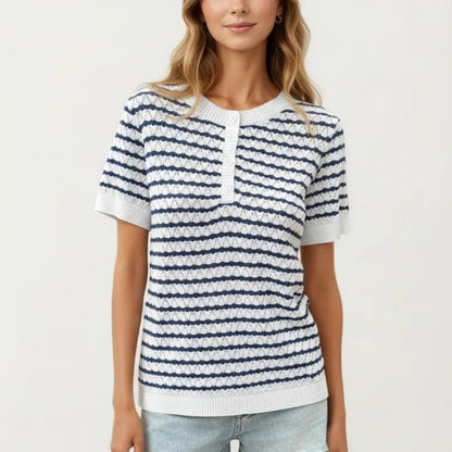 Short Sleeve Knit Top with Button Front Crew Neck Striped Textured Sweater Tee