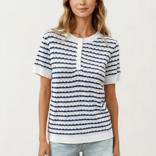 Short Sleeve Knit Top with Button Front Crew Neck Striped Textured Sweater Tee