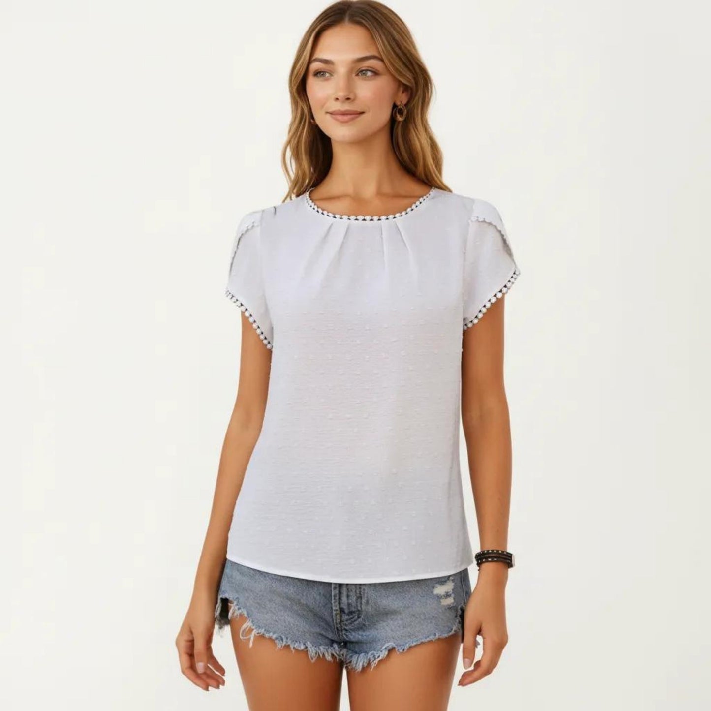 Short Sleeve Blouse with Pom Trim Round Neck Textured Fabric Loose Fit Casual Top