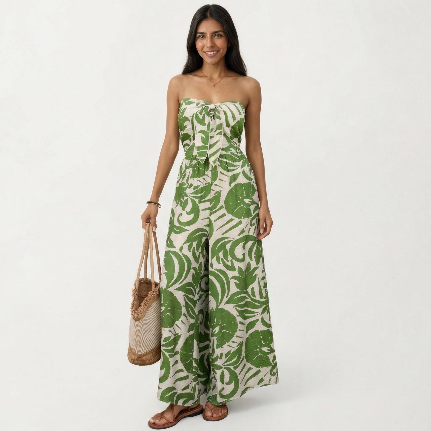 Strapless Wide Leg Jumpsuit with Tropical Print Front Tie Detail and Relaxed Flowy Fit Design
