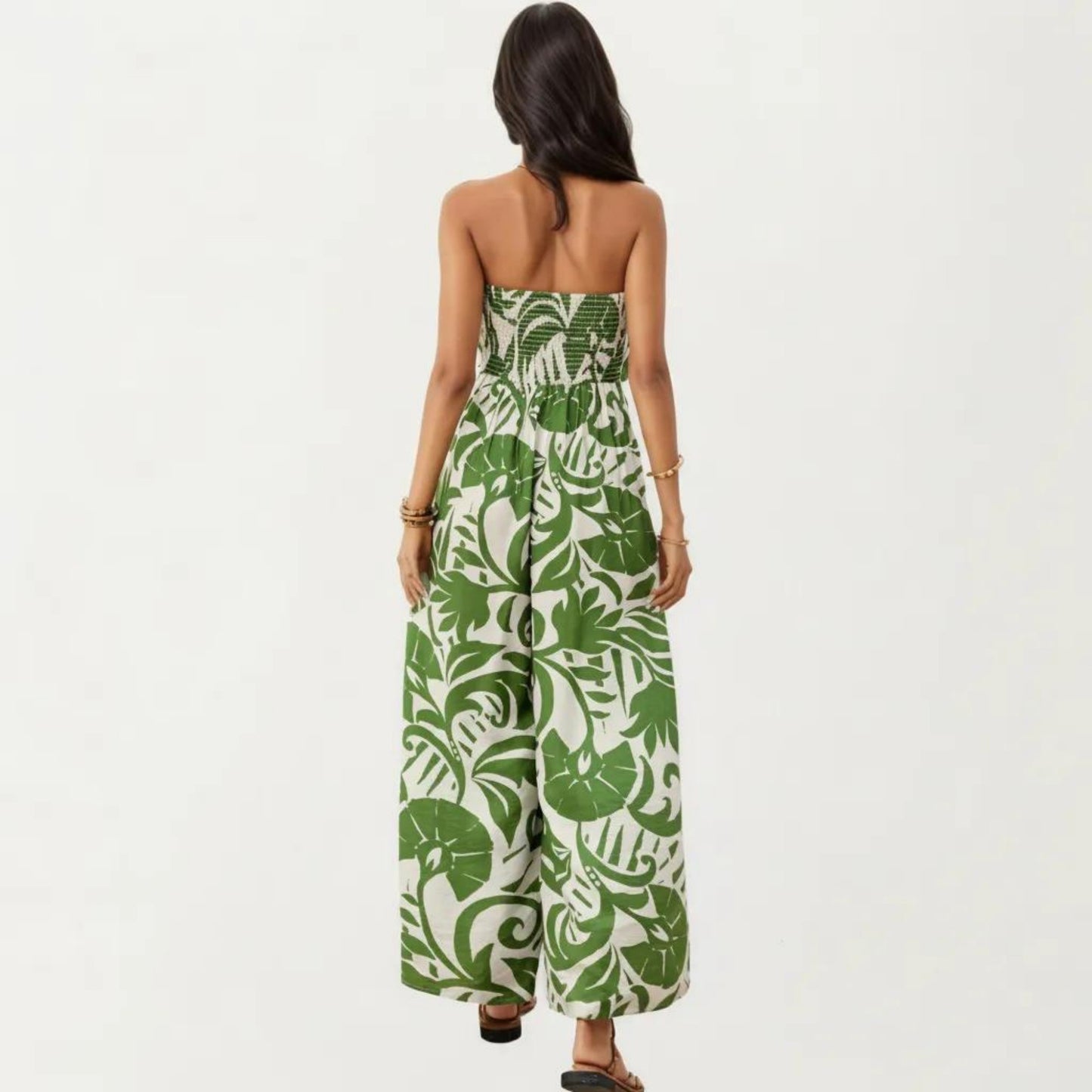 Strapless Wide Leg Jumpsuit with Tropical Print Front Tie Detail and Relaxed Flowy Fit Design
