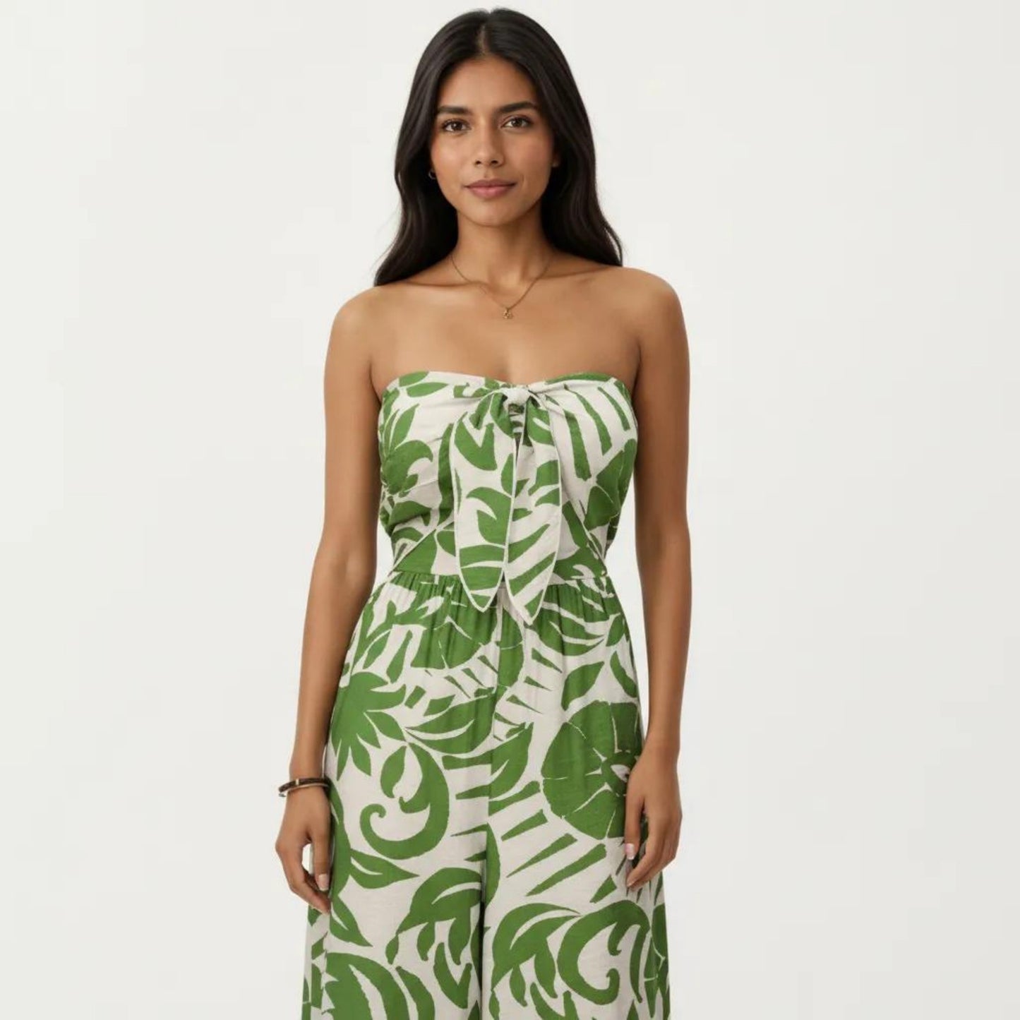 Strapless Wide Leg Jumpsuit with Tropical Print Front Tie Detail and Relaxed Flowy Fit Design