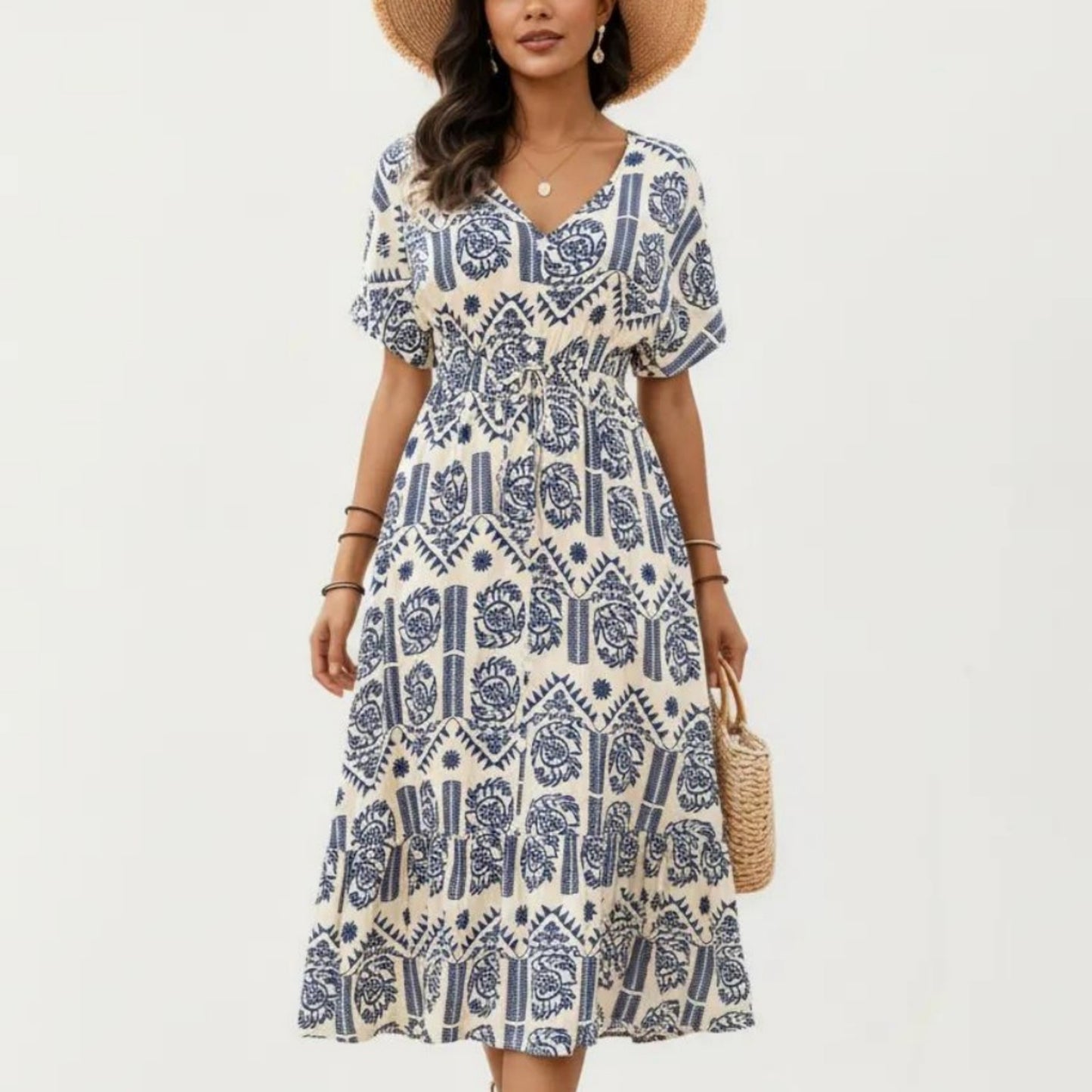 Short Sleeve Printed Midi Dress with V Neckline Drawstring Waist and Tiered Flowy Silhouette Design