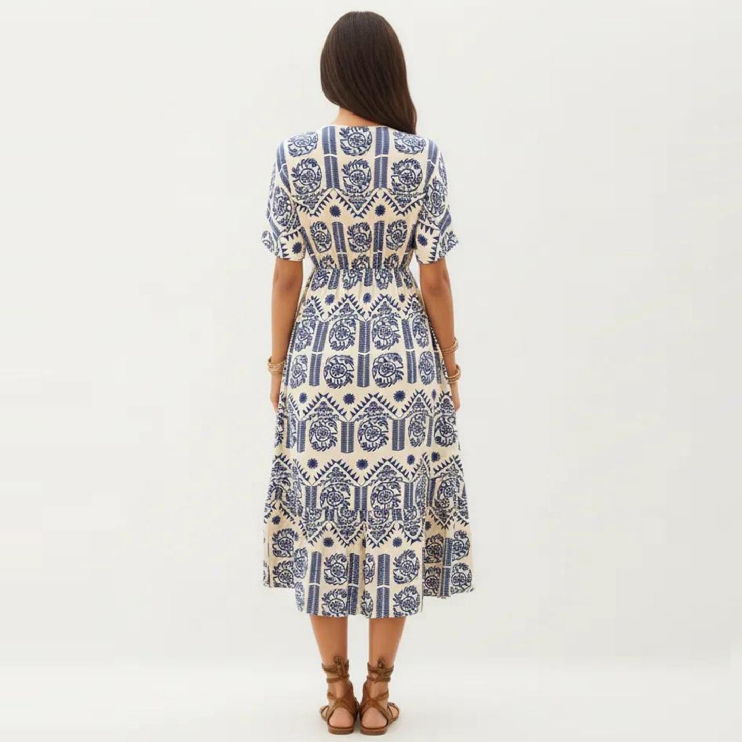 Short Sleeve Printed Midi Dress with V Neckline Drawstring Waist and Tiered Flowy Silhouette Design