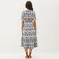 Short Sleeve Printed Midi Dress with V Neckline Drawstring Waist and Tiered Flowy Silhouette Design