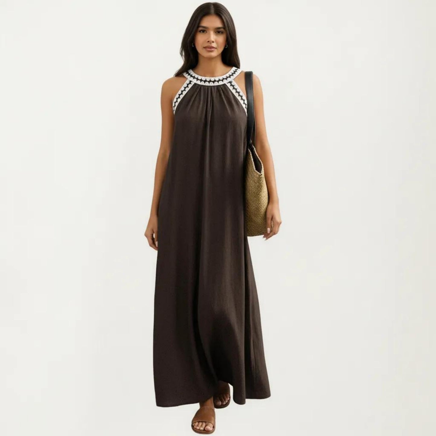 Sleeveless Halter Neck Maxi Dress with Contrast Trim Detail and Relaxed Flowy A-Line Silhouette
