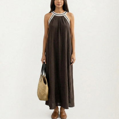 Sleeveless Halter Neck Maxi Dress with Contrast Trim Detail and Relaxed Flowy A-Line Silhouette