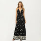 Sleeveless Halter Neck Maxi Dress with Floral Print Keyhole Detail and Tiered Flowy Silhouette