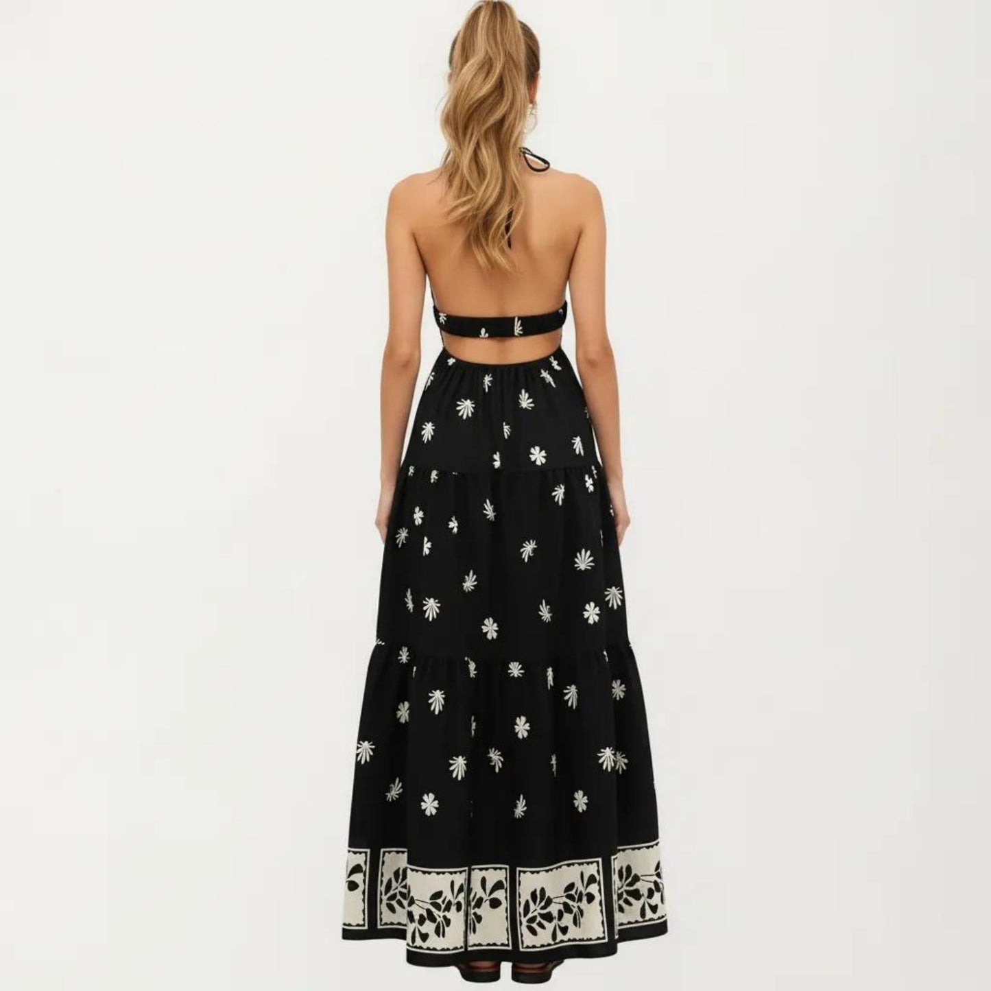Sleeveless Halter Neck Maxi Dress with Floral Print Keyhole Detail and Tiered Flowy Silhouette