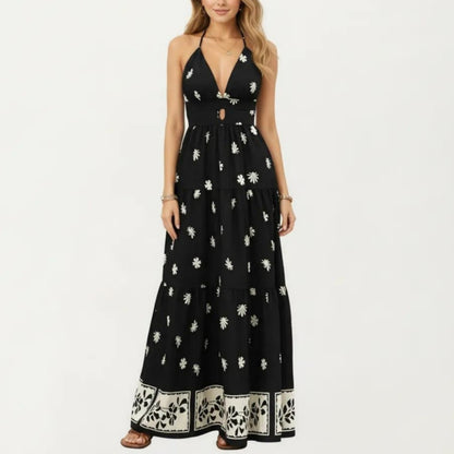 Sleeveless Halter Neck Maxi Dress with Floral Print Keyhole Detail and Tiered Flowy Silhouette
