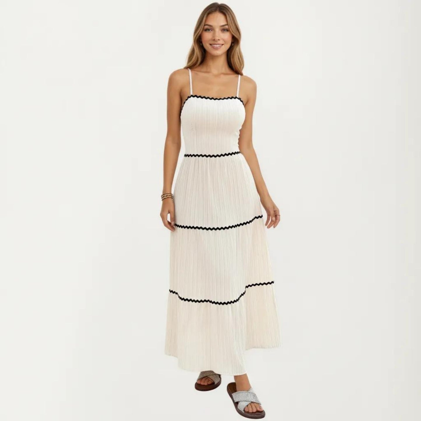 Sleeveless Pleated Maxi Dress with Spaghetti Straps Contrast Trim Detail and Flowy Tiered